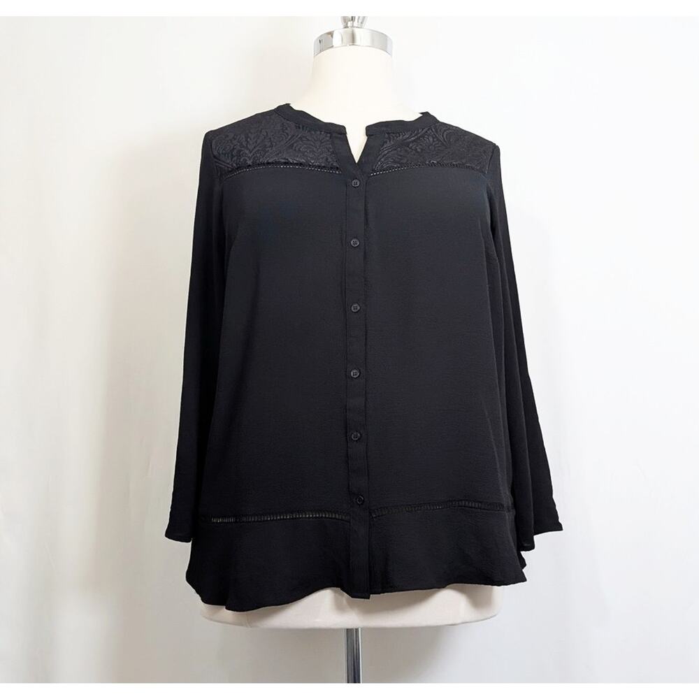 NY Collection Blouse Black Floral Detail Button Front Top Women's Size 2X